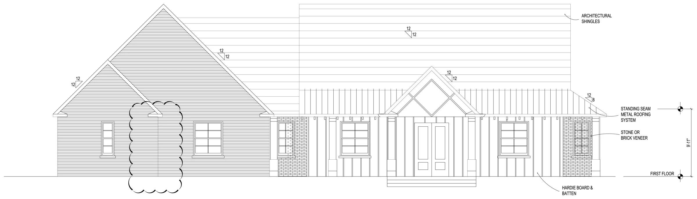 Finished AutoCAD front elevation with roof pitches, materials and floor level
