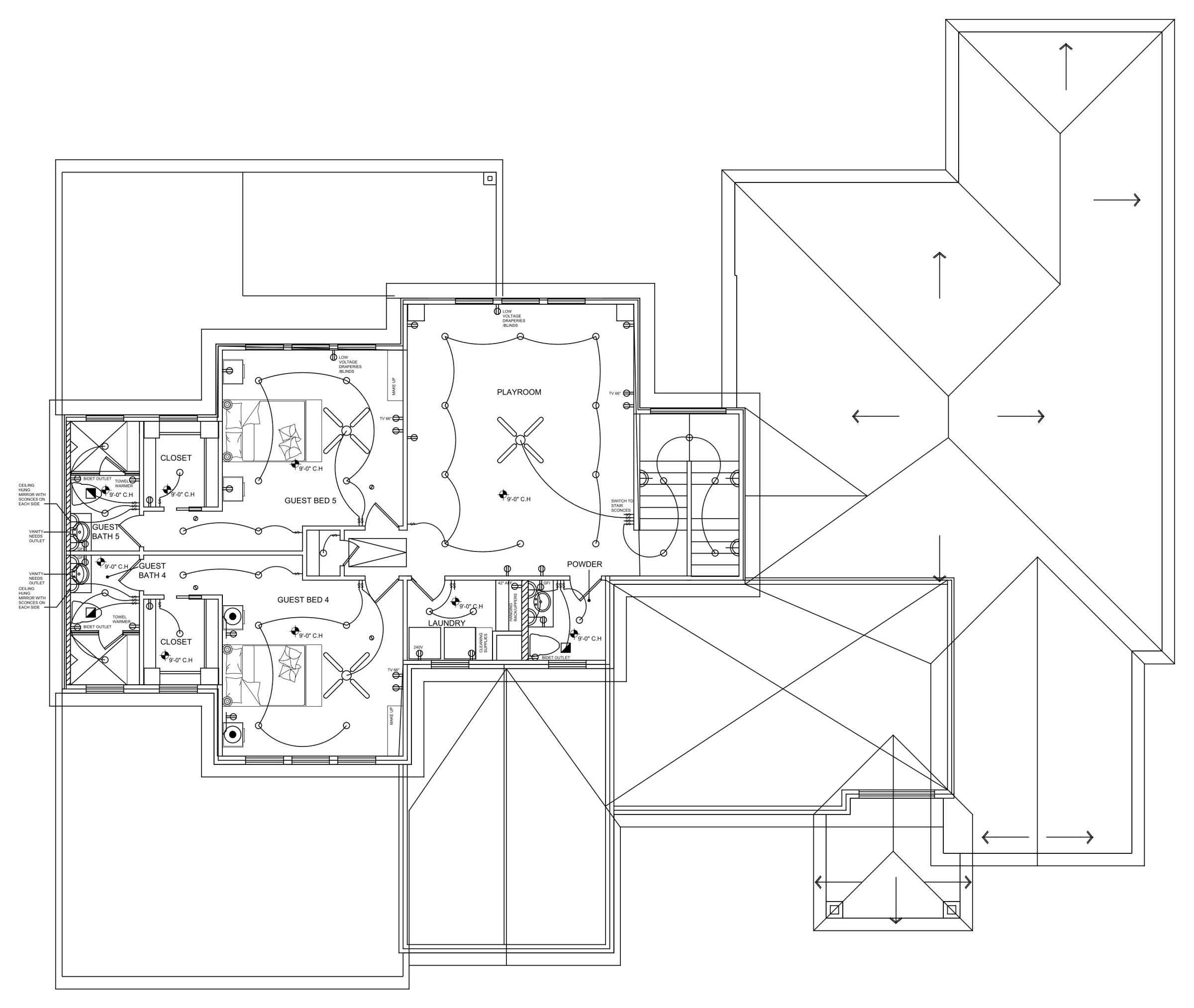 Upper level ceiling plan: Reflected ceiling with roof outline