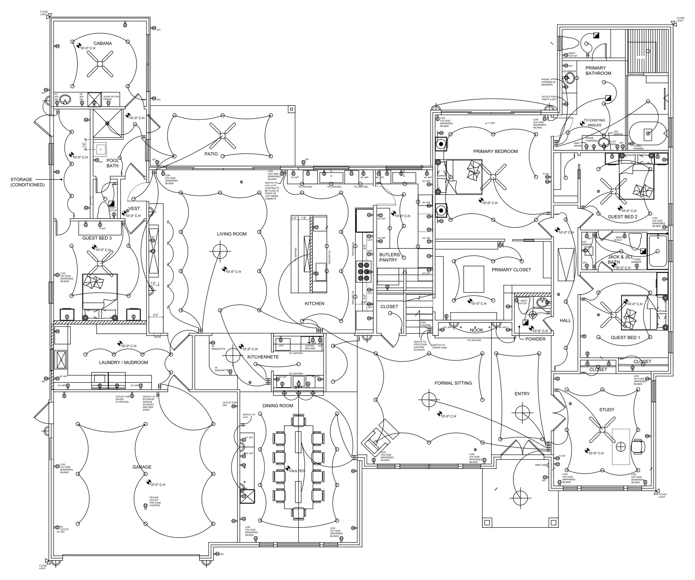Power and lighting plan: Designer's markups drafted into the client's CAD