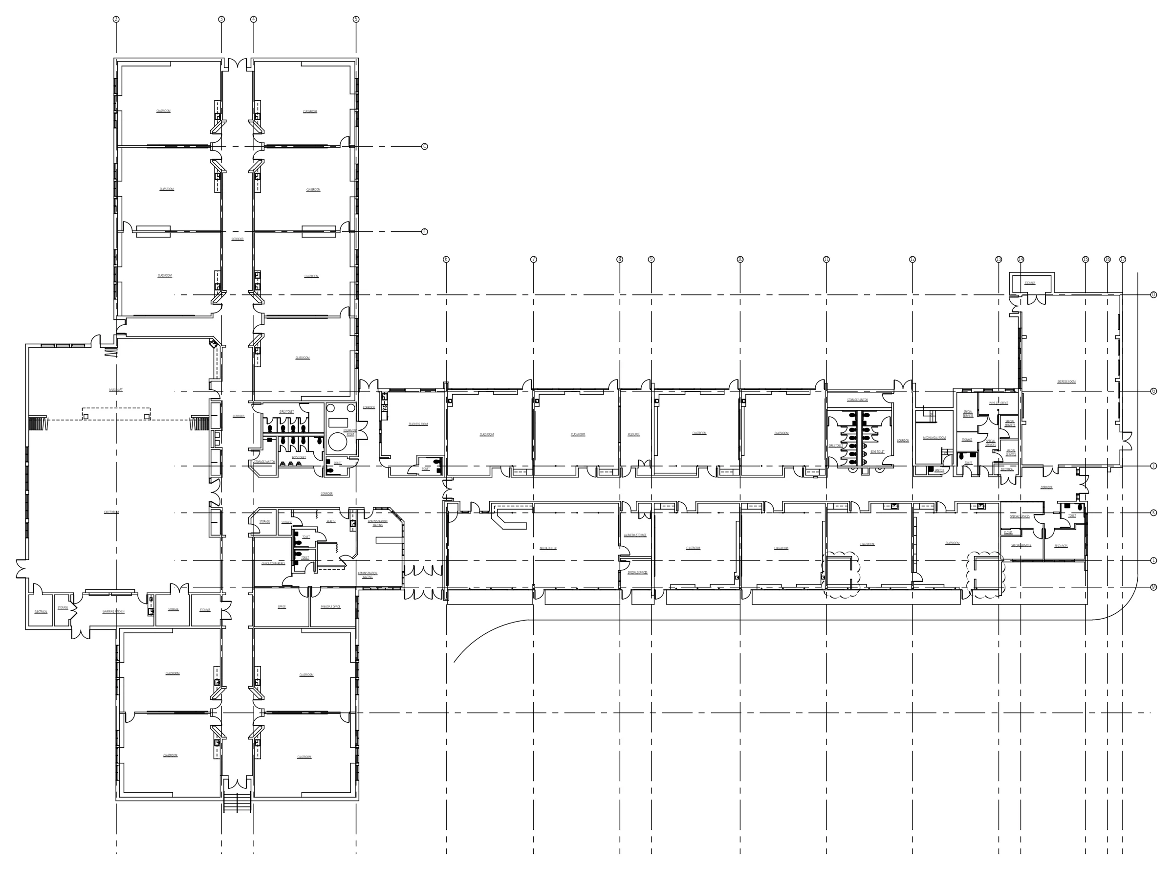 Elementary school as-built: Full first floor plan, scaled from scanned PDFs