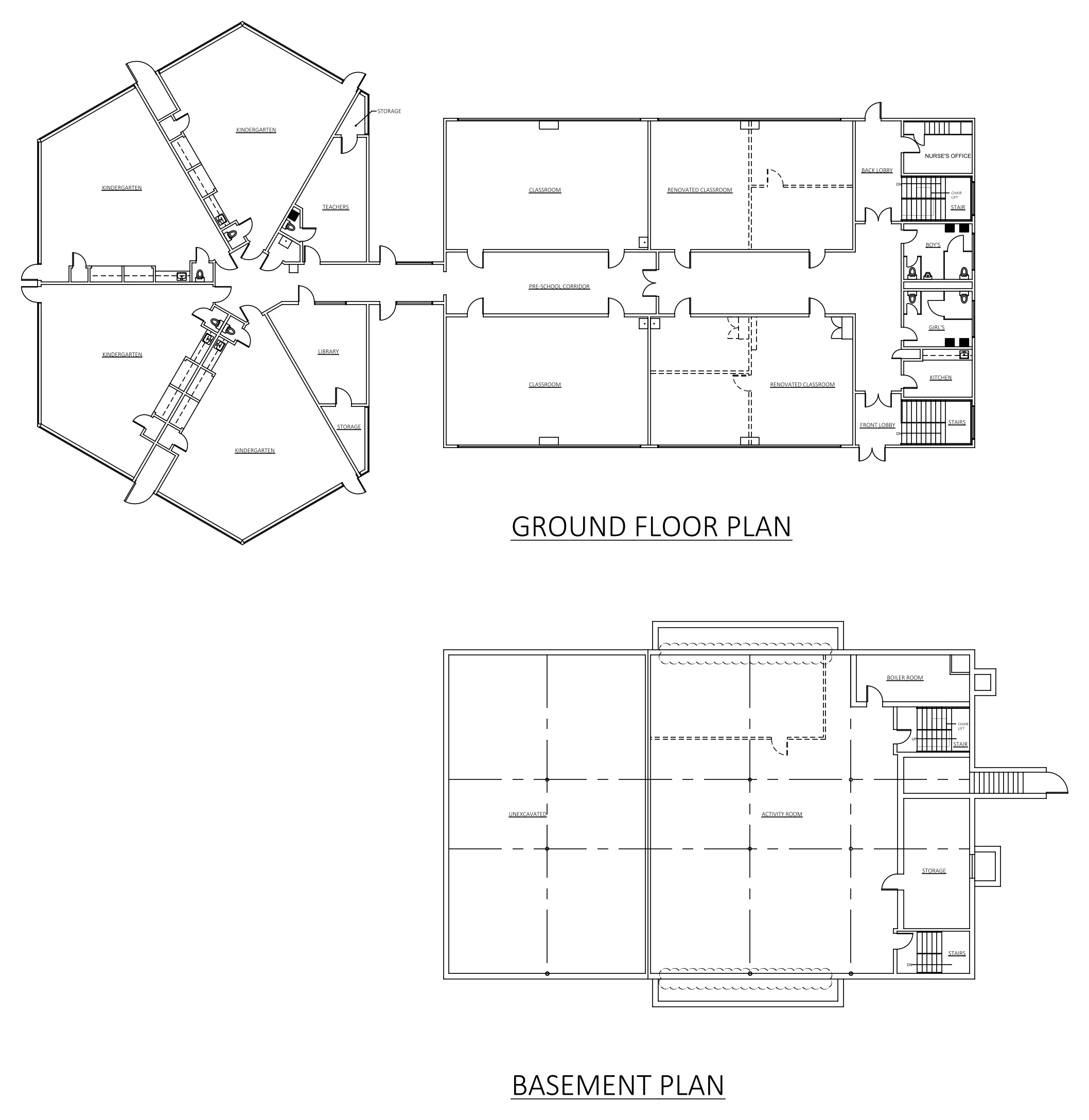 School ground and basement plans: Existing conditions, every level