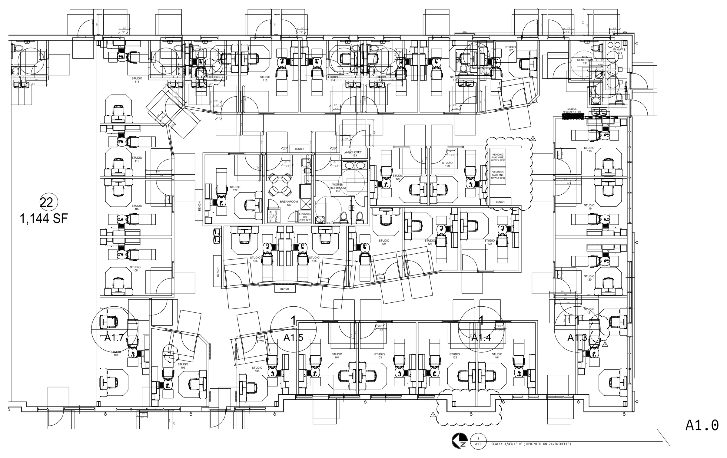 Salon suites test fit: Schematic test fit inside a landlord's shell